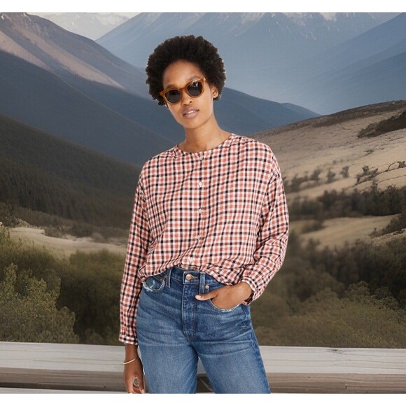 Madewell Tops - Chic Madewell Meadow Shirt check S red plaid long sleeve 100%‎ cotton